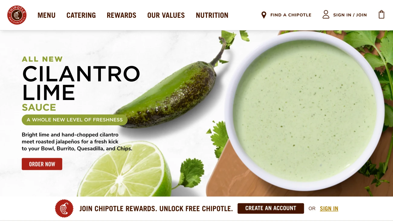 Chipotle restaurant website homepage