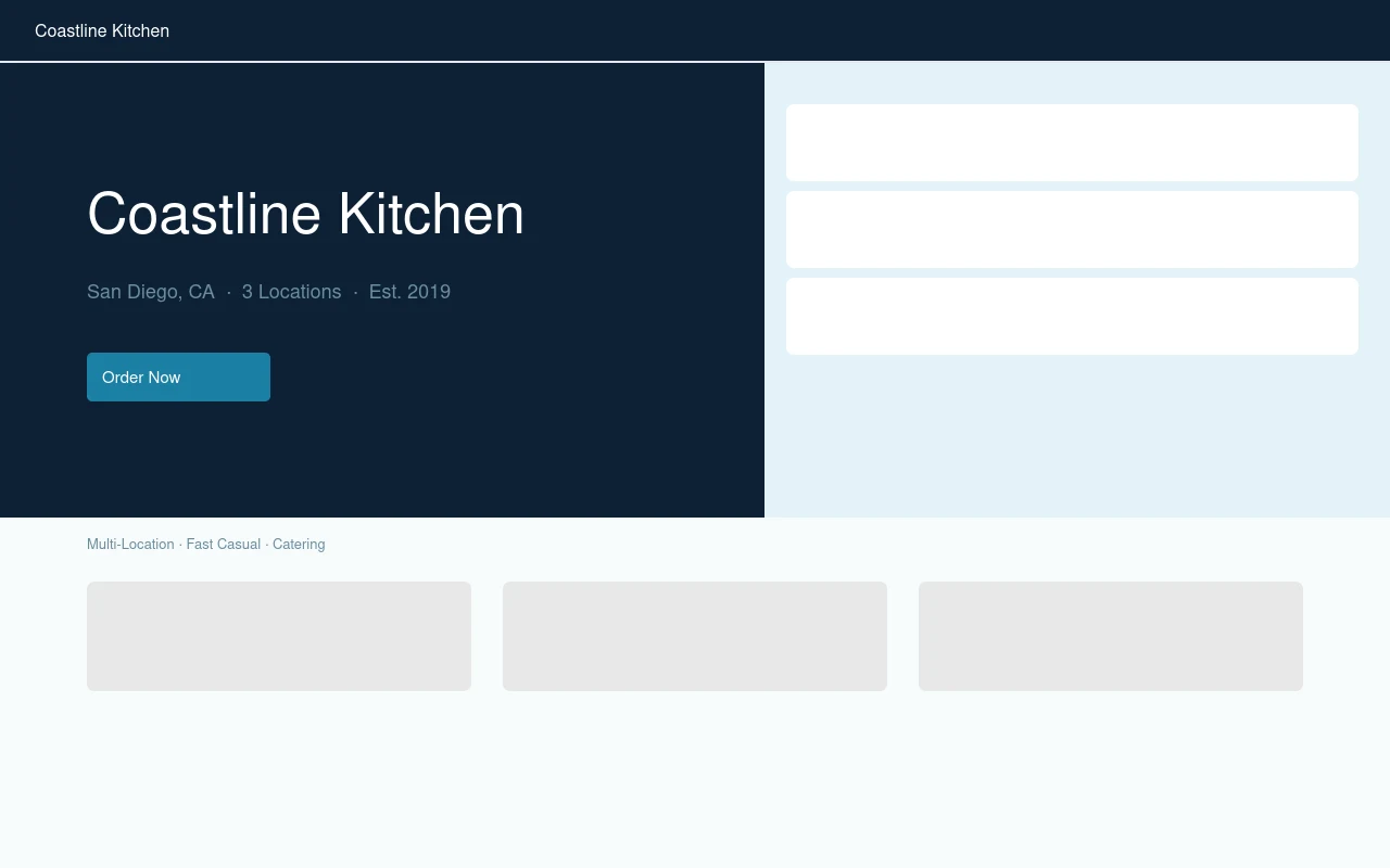 Coastline Kitchen restaurant website preview — multi-location San Diego catering