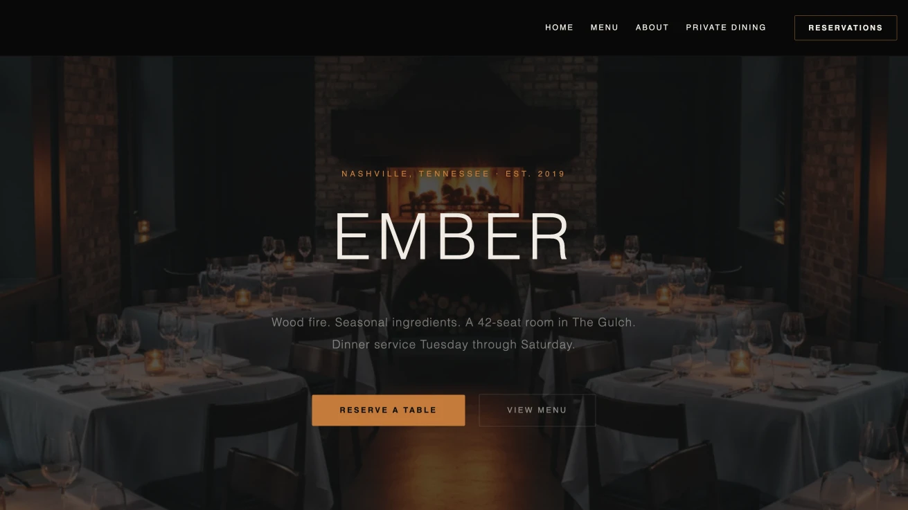 Ember restaurant website preview