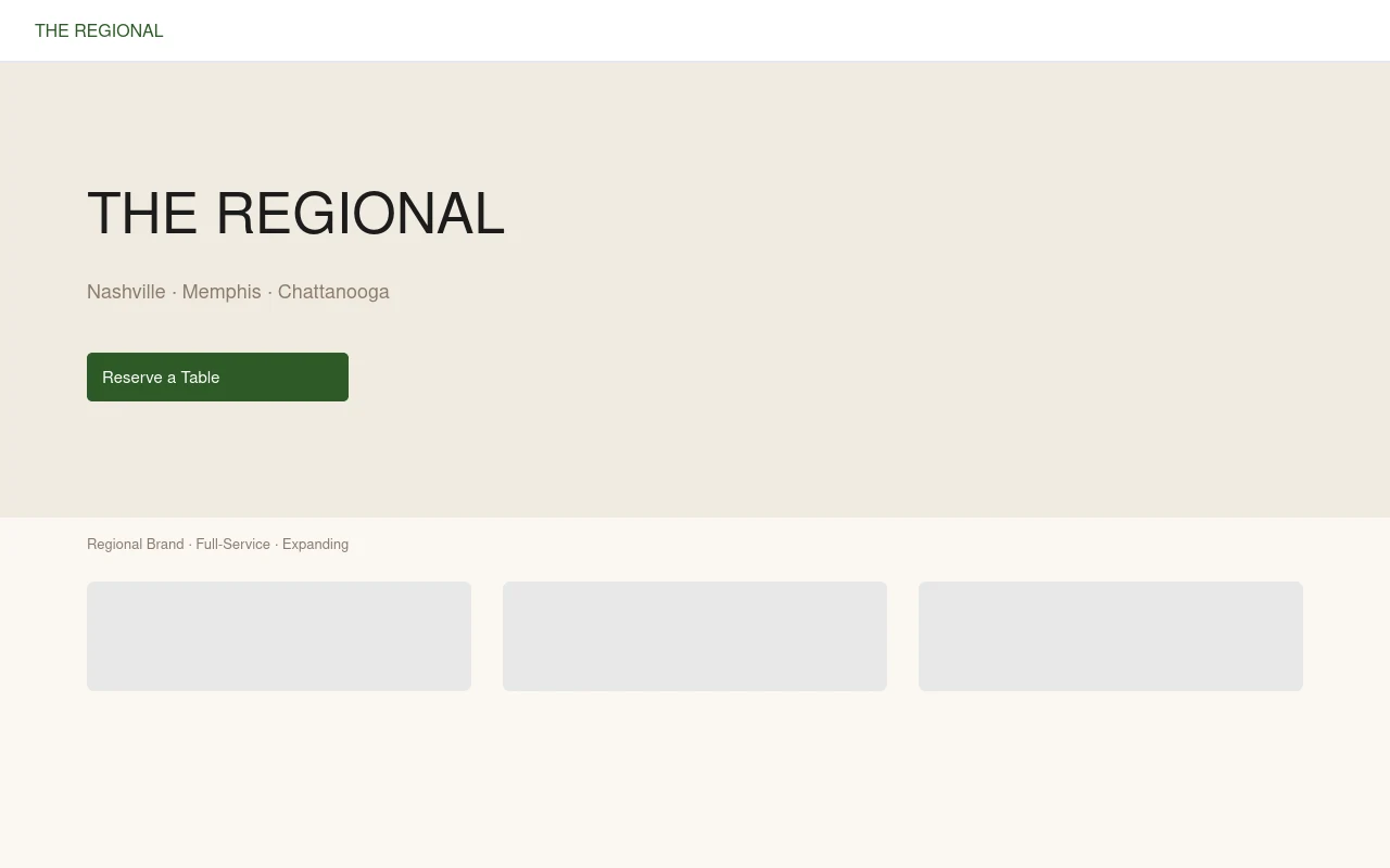 The Regional restaurant website preview — farm-to-table Nashville Tennessee expanding