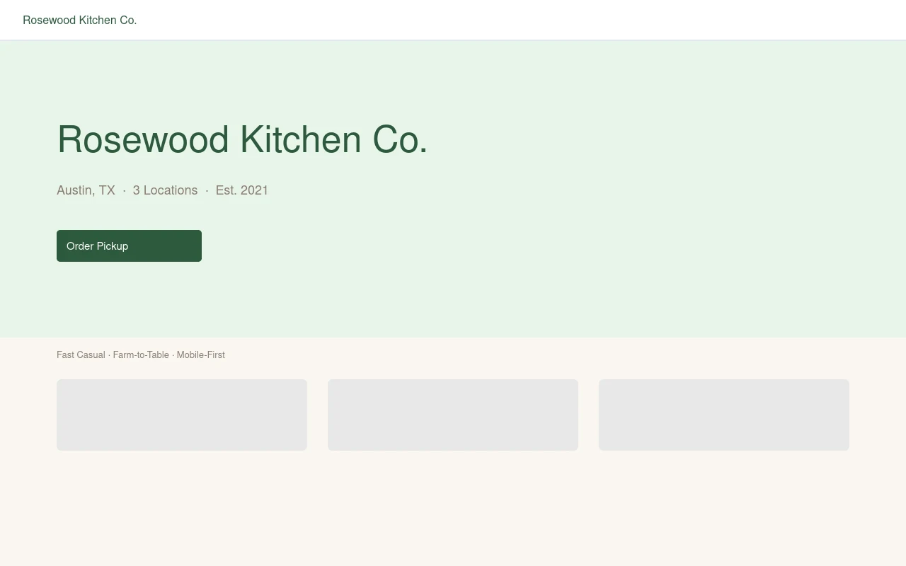 Rosewood Kitchen Co. restaurant website preview — fast casual Austin
