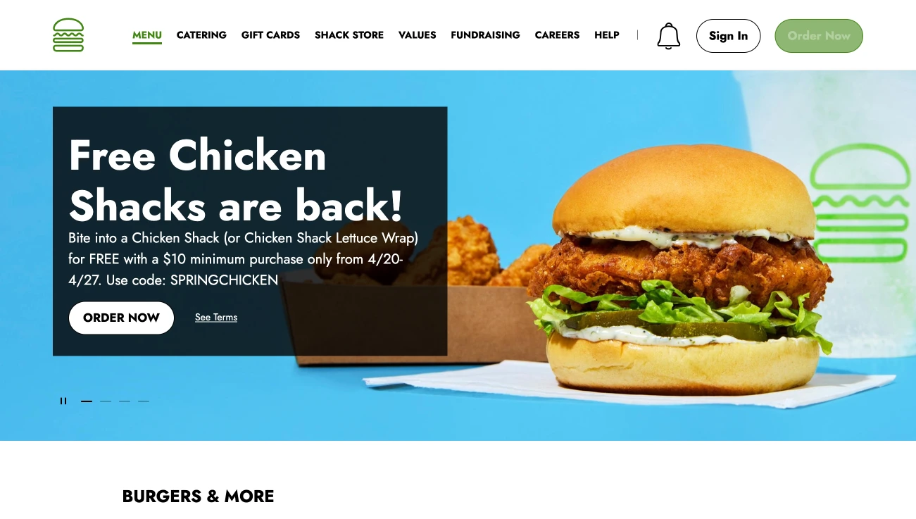 Shake Shack restaurant website homepage
